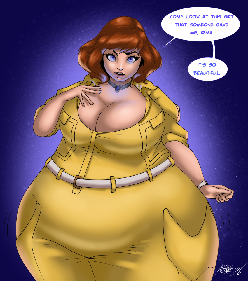 absurdres april_o'neil bbw breasts brown_hair crystal fat female_only glowing glowing_eyes huge_breasts huge_hips hypnotic_accessory lordaltros necklace short_hair solo teenage_mutant_ninja_turtles text unaware weight_gain
