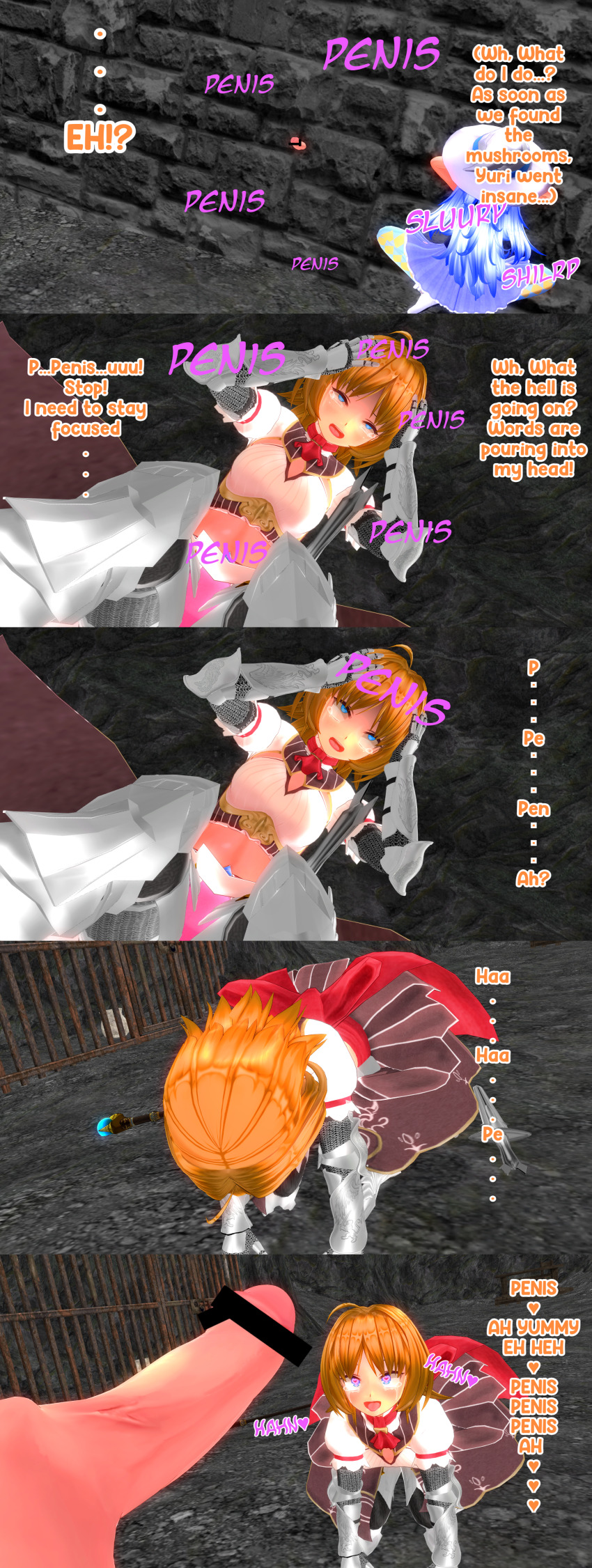 3d absurdres armor arms_behind_back blue_eyes blue_hair blush brown_hair censored clothed crossed_eyes custom_maid_3d_2 dialogue dress empty_eyes english_text erection eye_roll fellatio femsub gauntlets glory_hole gloves heart_eyes heterochromia humor hypnotic_penis kneeling midriff multiple_girls multiple_subs mushroom navel open_mouth oral panting penis red_eyes resisting ribbon sequence shoes skirt surprised sword symbol_in_eyes tears text thighhighs tongue weapon witch_hat yaaya_aya