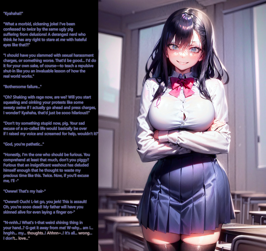 ai_art angry black_hair breasts caption classroom crossed_arms english_text femsub grey_eyes large_breasts looking_at_viewer manip original school_uniform sexuality_change smile stable_diffusion_(ai) text thighhighs