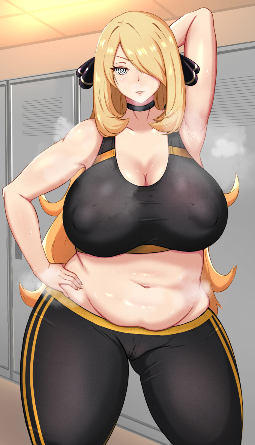 armpits arms_above_head blonde_hair blush breasts breath cameltoe chubby cleavage collar cynthia erect_nipples female_only femsub glowing glowing_eyes huge_breasts long_hair manip misterman4_(manipper) nintendo open_mouth pokemon smile spiral_eyes sports_bra sportswear sweat symbol_in_eyes tagme wide_hips wlcmt yoga_pants