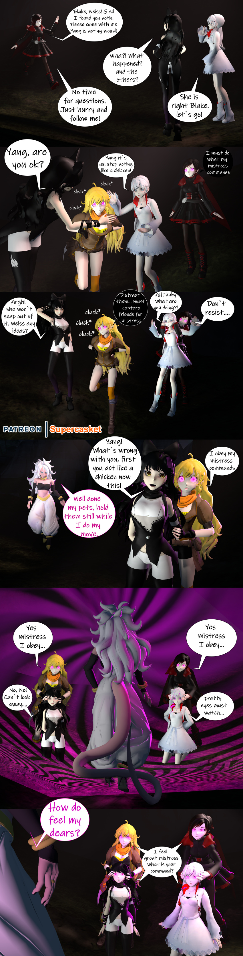 3d absurdres alternate_form android_21 black_hair blake_belladonna blonde_hair chicken_pose comic dragon_ball dragon_ball_fighterz female_only femdom femsub glowing glowing_eyes hypnotic_eyes hypnotized_assistant long_hair multiple_girls multiple_subs pet_play ruby_rose rwby source_filmmaker supercasket text weiss_schnee white_hair yang_xiao_long
