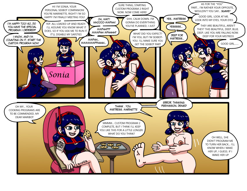 absurdres antenna blue_hair bottomless breasts clone comic consensual fembot femdom femsub happy_trance marinette_dupain-cheng miraculous_ladybug nude original robot robotization sonia_the_sexbot_(thf772) spiral_eyes supertechno324 symbol_in_eyes text topless turning_the_tables twintails