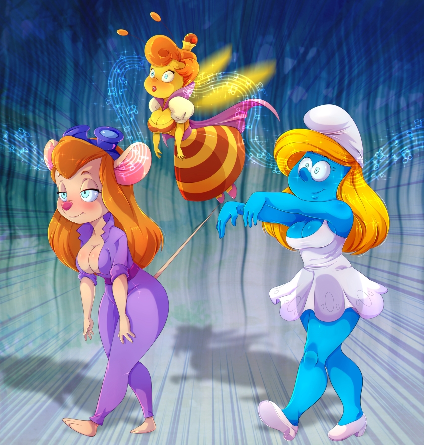 absurdres antenna barefoot bee_girl blonde_hair blue_skin blush breasts bug_girl chip_n_dale_rescue_rangers cleavage crossover disney erohd female_only femsub furry gadget_hackwrench happy_trance hypnotic_audio hypnotic_music hypnotized_walking large_breasts leaning_forward long_hair minigirl mouse_girl open_mouth orange_hair queenie short_hair smurfette the_smurfs wings zombie_walk