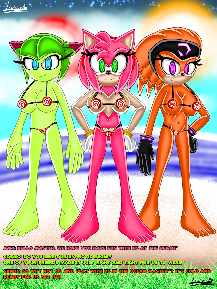 absurdres amy_rose cosmo_the_seedrian dialogue echidna_girl exkaizuhan femsub furry green_hair happy_trance hedgehog_girl hypnotic_clothing monster_girl multiple_girls multiple_subs orange_hair pink_hair shade_the_echidna short_hair sonic_the_hedgehog_(series) spiral_eyes symbol_in_eyes text