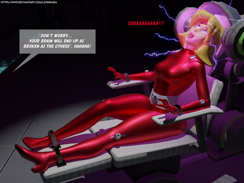 3d absurdres ahegao blender blonde_hair bodysuit chair clover dialogue electricity eye_roll female_only femsub happy_trance high_heels latex latinkaixa open_mouth restrained short_hair sitting smile solo speech_bubble tech_control text tongue tongue_out totally_spies