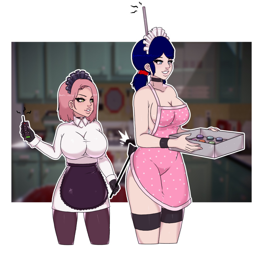 allyssonne_(thf772) antenna apron blue_eyes blue_hair breasts collar cute_emmy femdom femsub gloves green_eyes large_breasts maid marinette_dupain-cheng miraculous_ladybug naked_apron original pantyhose pink_hair remote_control riding_crop shortstack smile tech_control tray twintails