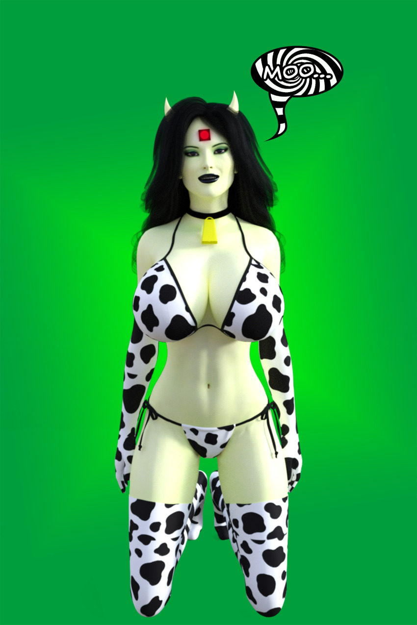 3d barefoot bikini bikini_bottom bikini_top black_hair black_lipstick breasts cleavage collar cow_girl cow_print cowbell dialogue disney female_only femsub gloves gradient_background green_skin happy_trance horns huge_breasts kim_possible_(series) kneeling long_hair makeup microchip navel opera_gloves pet_play shego simple_background smile solo speech_bubble tech_control text theheckle thighhighs
