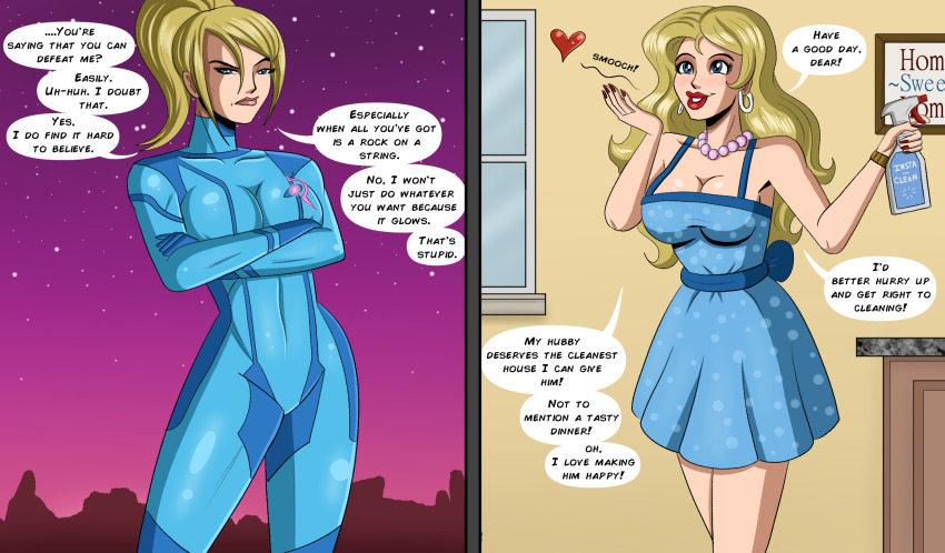 before_and_after blonde_hair blue_eyes blush bodysuit breasts cleavage denial domestication dress earrings english_text female_only femsub happy_trance housewife jewelry large_breasts long_hair metroid_(series) necklace nintendo polmanning ponytail samus_aran smile speech_bubble stepfordization text zero_suit