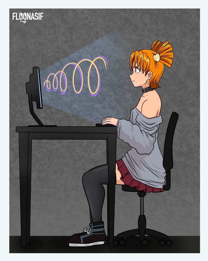 absurdres alisa_(everlasting_summer) bare_shoulders clothed collar collarbone computer everlasting_summer expressionless female_only femsub floonasif hair_ornament hypnotic_screen monitor orange_hair shirt short_hair signature simple_background sitting skirt sneakers solo tech_control thighhighs twintails