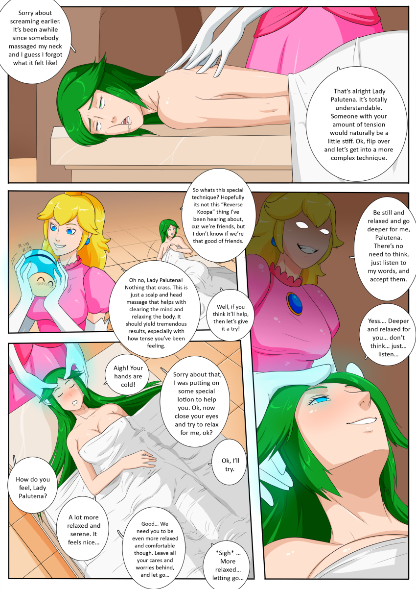 blonde_hair blue_eyes breasts comic drool earrings female_only gloves green_eyes green_hair hypnotized_hypnotist kid_icarus massage multiple_girls mushroom nintendo nipples oo_sebastian_oo palutena princess_peach smirk super_mario_bros. text towel