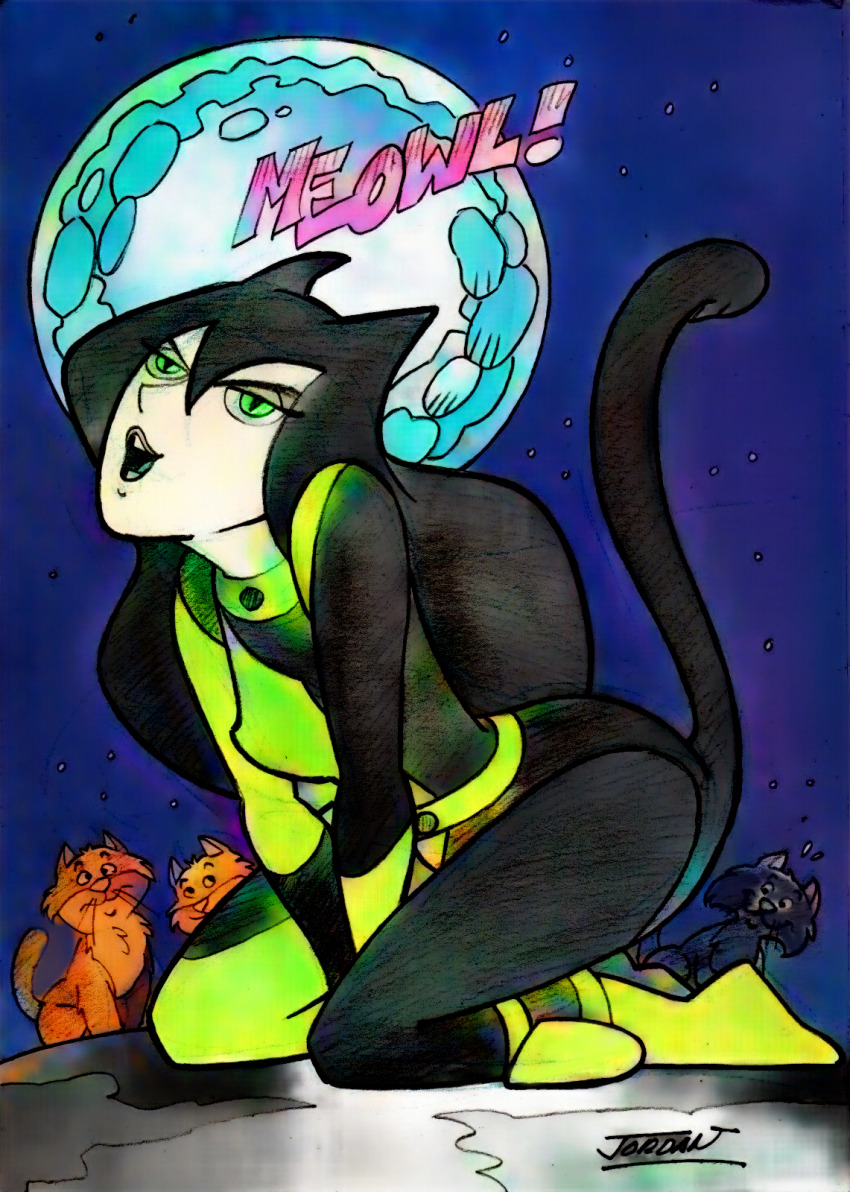 animal_ears black_hair cat_girl disney female_only femsub green_eyes kim_possible_(series) kneeling long_hair onehypdude_(manipper) open_mouth pet_play shego solo tail tail_growth traditional transformation