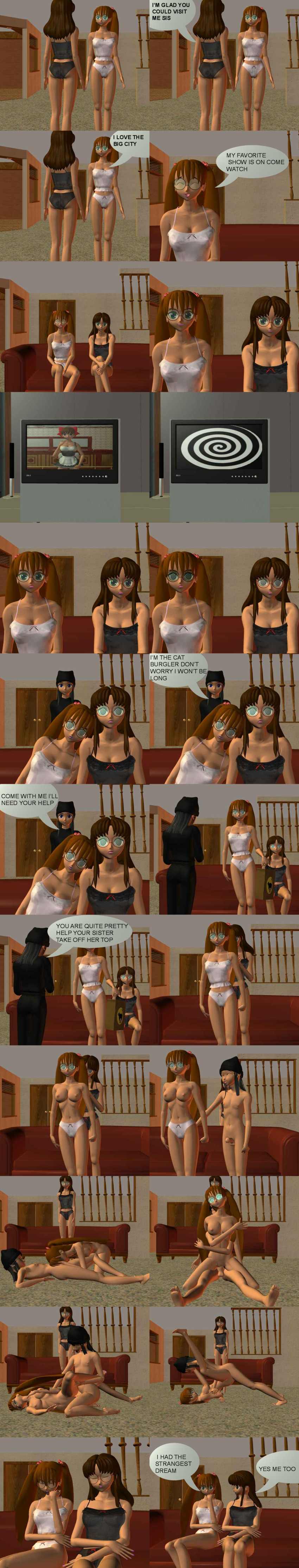 absurdres balls breasts brown_hair cleavage clothed english_text erection femsub glasses green_eyes hair_ornament hypnotic_screen hypnovideo keiko_yubari_(hypnovideo) lingerie long_hair maledom memory_alteration midriff multiple_girls multiple_subs navel nipples nude oral original panties sequence sex speech_bubble text twintails vaginal