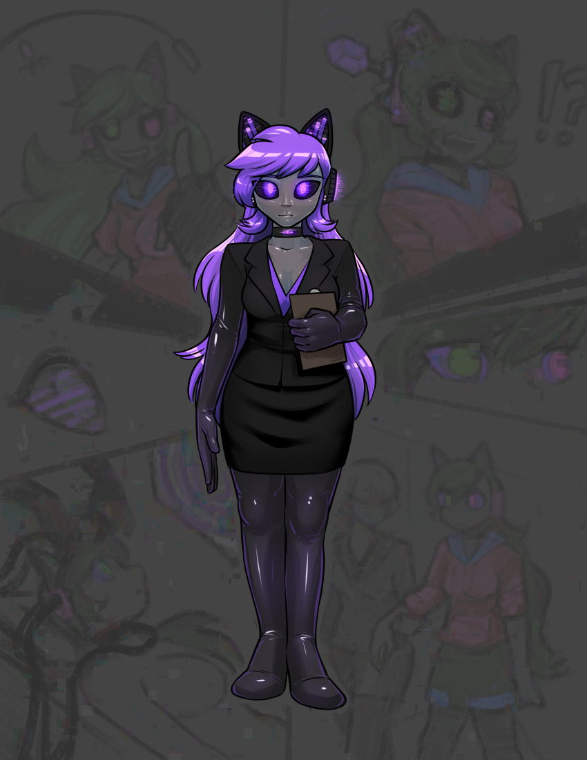 alternate_costume before_and_after black_sclera bodysuit business_suit choker cleavage corporatification expressionless femsub gloves glowing glowing_eyes green_eyes green_hair hacking headphones hoodie hypnotic_creature hypnotic_screen latex long_hair miffy_(milfy) mind_hack open_mouth parasite purple_eyes purple_hair robot_girl sequence skirt sleepymaid tech_control virus