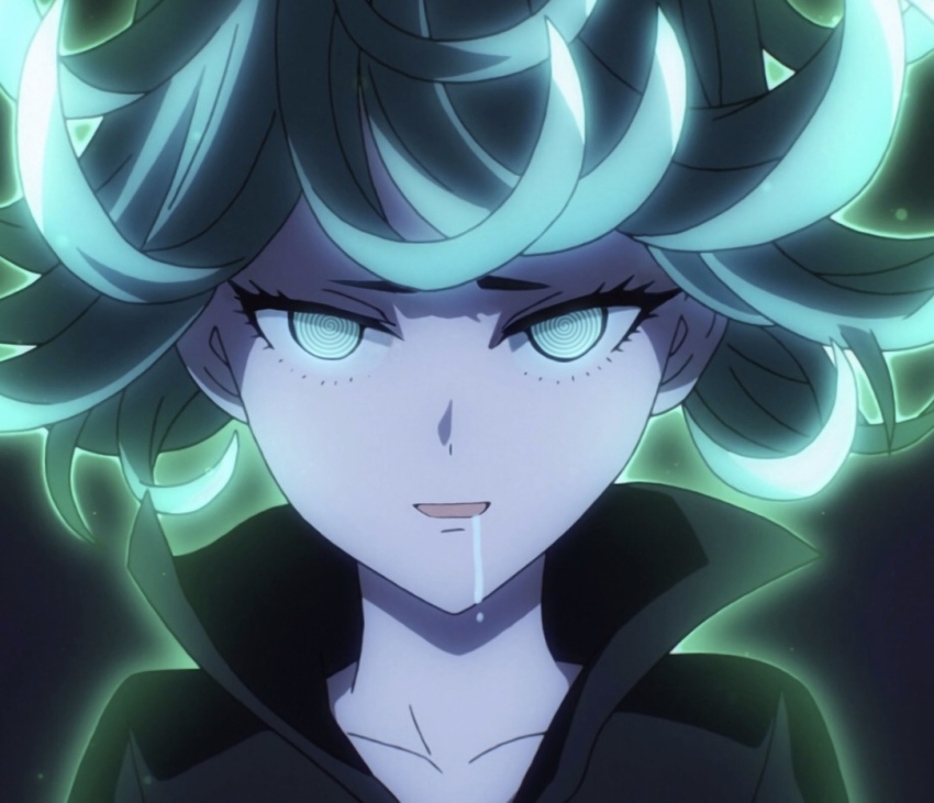 drool female_only femsub green_eyes green_hair happy_trance hypnoner_(manipper) ivatent_(manipper) manip one_punch_man open_mouth smile spiral_eyes symbol_in_eyes tatsumaki_(one_punch_man)