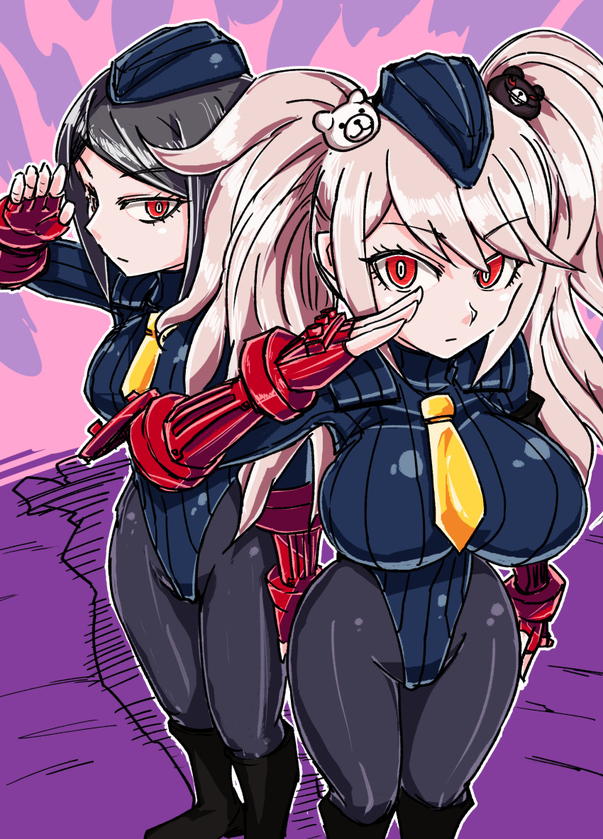 arm_bands aura black_hair blonde_hair boots dangan_ronpa empty_eyes expressionless female_only femsub fingerless_gloves gloves glowing hair_ornament hat junko_enoshima large_breasts leotard looking_at_viewer mukuro_ikusaba multiple_girls multiple_subs red_eyes saluting shadaloo_dolls short_hair shoulder_pads standing standing_at_attention street_fighter thick_thighs tie tousyoku twintails