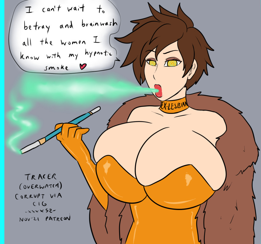 betrayal bimbofication breast_expansion breasts brown_hair cleavage corruption dialogue dress femsub fur_coat gloves huge_breasts huge_lips hypnotic_smoke hypnotic_smoking latex lipstick makeup opera_gloves overwatch puckered_lips sexuality_change short_hair smoke smoking spiral_eyes symbol_in_eyes text tracer xxxx52