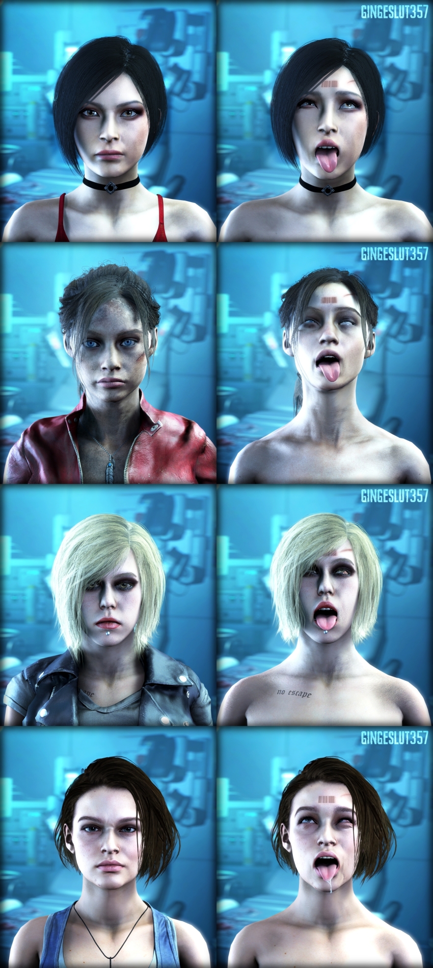3d absurdres ada_wong ahegao barcode black_hair blonde_hair blush breasts brown_hair claire_redfield comic drool empty_eyes eye_roll female_only femsub happy_trance january_van_sant jill_valentine lobotomy open_mouth resident_evil resident_evil_2 resident_evil_resistance scars short_hair smile source_filmmaker surgery tech_control text tongue tongue_out topless xxxgingeslut357xxx