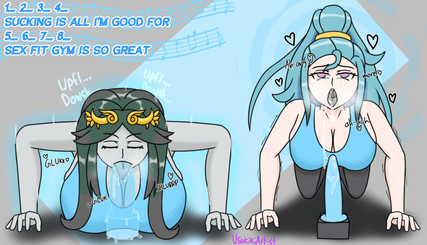 blowjob_face blue_hair blush breath closed_eyes dazed dialogue dildo drool exercise fellatio femsub goddess green_hair gym gym_uniform hair_ornament halo heart jewelry kid_icarus kneeling large_breasts long_hair mantra music nintendo palutena pandora_(kid_icarus) ponytail simple_background spiral spiral_background tank_top tears text usakiki weightlifting wii_fit wii_fit_trainer