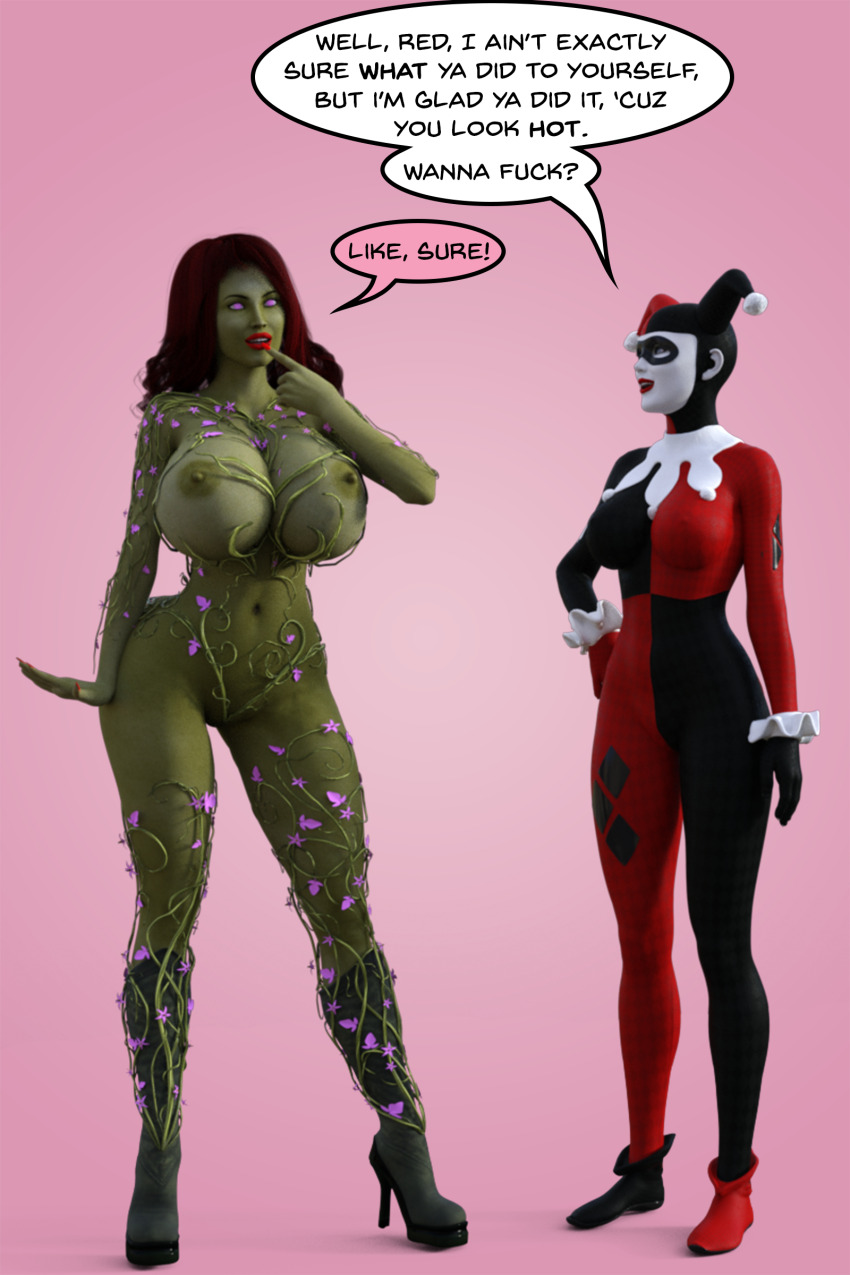 3d absurdres batman_(series) bimbofication breasts clown clown_girl dc_comics dialogue female_only femdom femsub green_skin happy_trance harley_quinn high_heels large_ass large_breasts plant poison_ivy red_hair super_hero text theheckle vines western