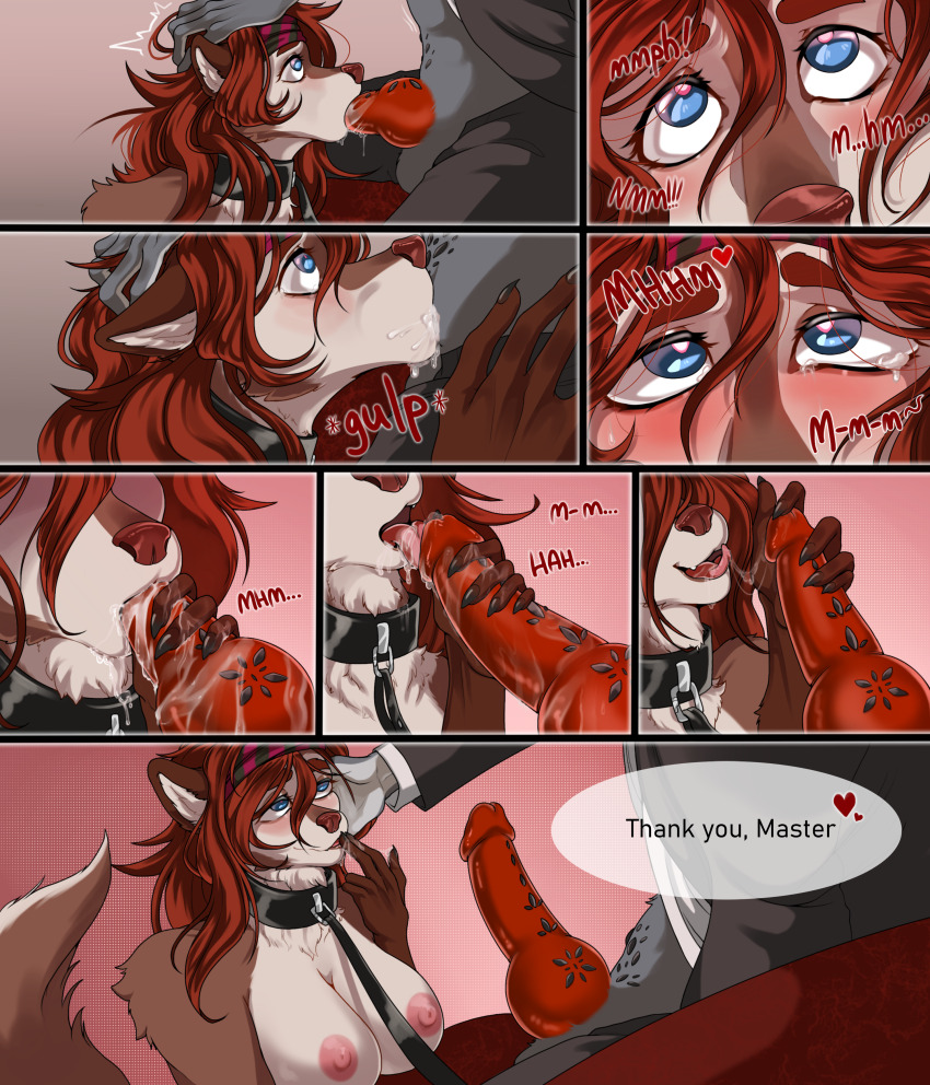 blowjob_face blue_eyes breasts chiral_chimera cleaning coat collar comic cum_in_mouth deepthroat dog_girl femsub furry happy_trance husky_girl hypnotic_eyes large_breasts leash licking maledom nipples penis pink_hair red_hair text topless wolf_boy