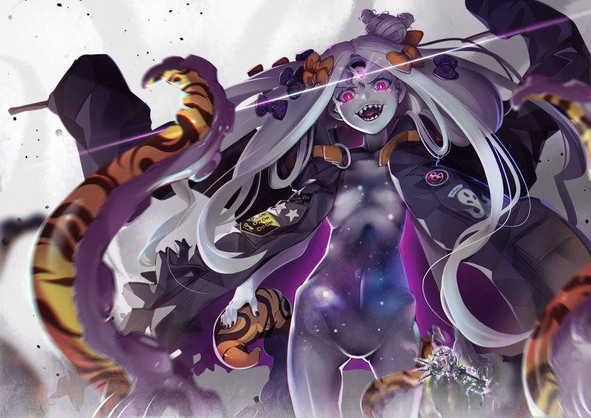 abigail_williams alternate_costume alternate_hair_color breasts clothed_exposure corruption eldritch fate/grand_order fate_(series) femsub gajumaru09 glowing glowing_eyes jacket open_mouth possession red_eyes sharp_teeth tentacles third_eye white_hair white_skin yog-sothoth