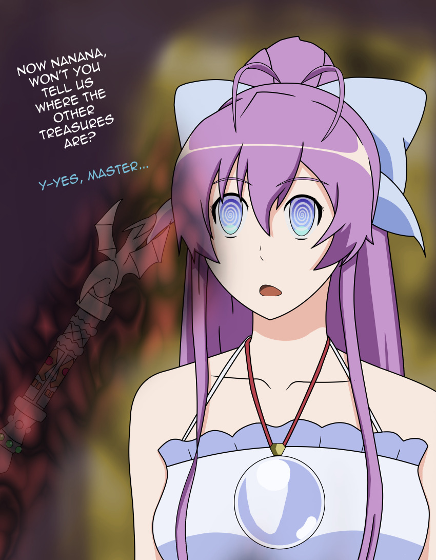 absurdres bare_shoulders blue_eyes expressionless female_only femsub long_hair magic nanana's_buried_treasure nanana_ryuugajou necklace open_mouth pompom purple_hair spiral_eyes staff symbol_in_eyes text