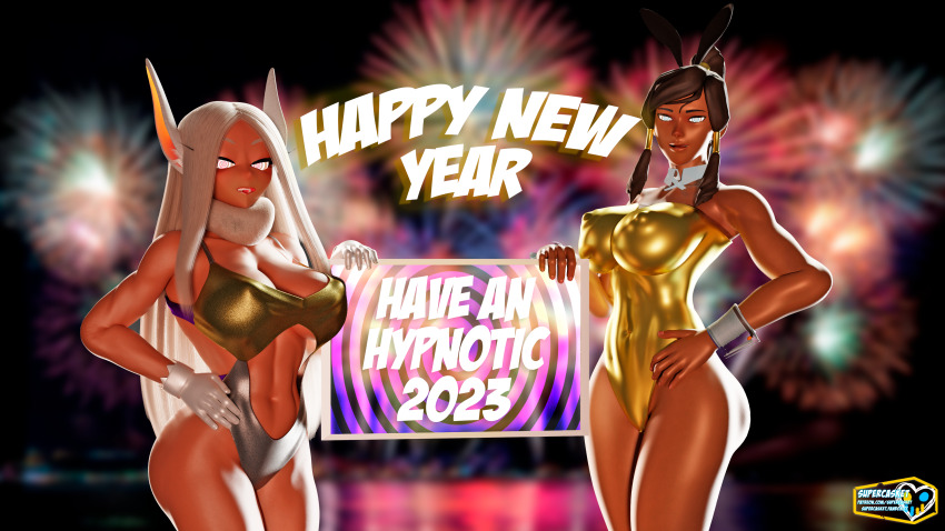 3d abs absurdres avatar_the_last_airbender blender breasts brown_hair bunny_ears bunny_girl bunnysuit cuffs dark_skin female_only femsub fireworks gloves hand_on_hip happy_trance korra large_breasts legend_of_korra leotard long_hair muscle_girl my_hero_academia navel new_years open_mouth ponytail rumi_usagiyama smile spiral_eyes super_hero supercasket symbol_in_eyes text twintails white_hair