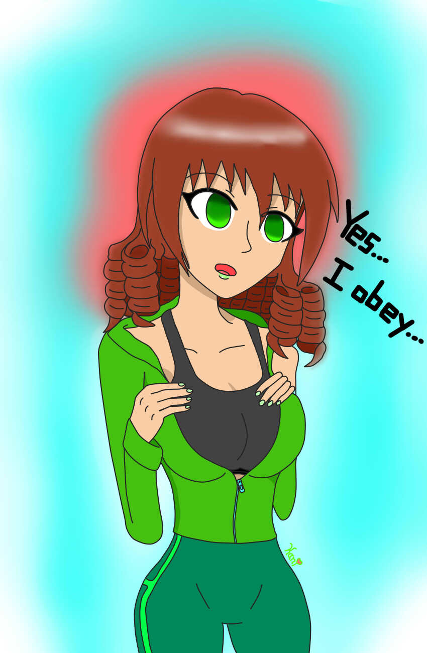 absurdres breasts brown_hair connie_(kani-e) drill_hair expressionless female_only femsub green_eyes green_lipstick large_breasts leggings lipstick open_mouth original sleepy_kai solo sweater tank_top text twintails undressing