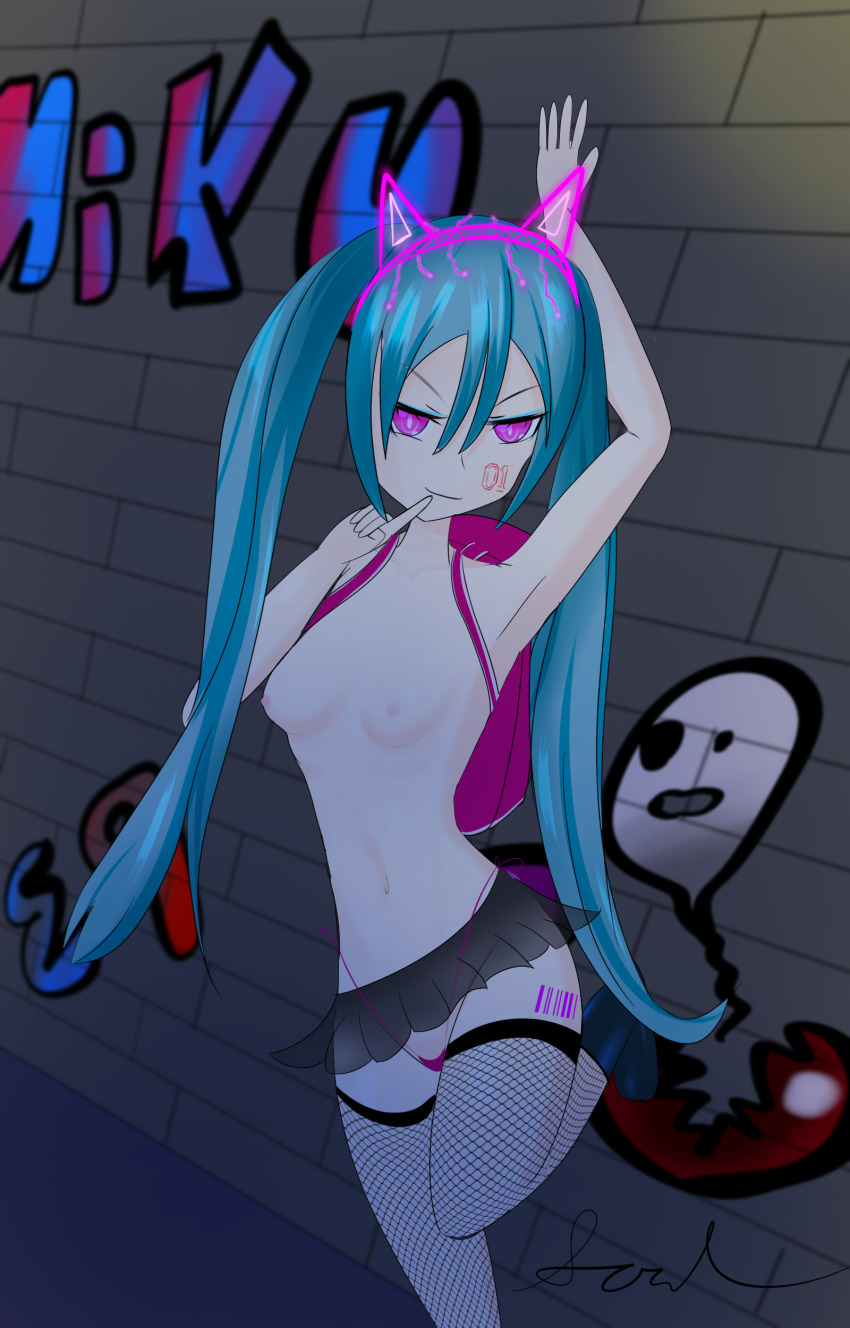 absurdres backpack barcode blue_hair breasts corruption femsub hypnotic_accessory long_hair miku_hatsune miniskirt pink_eyes seductive_smile skirt soul tattoo tech_control thighhighs thong topless twintails vocaloid