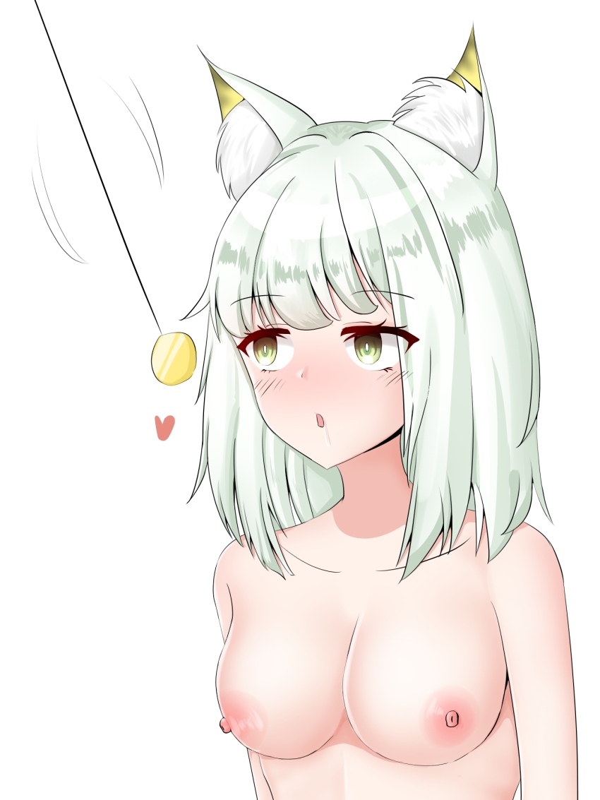 animal_ears arknights bottomless breasts cat_ears cat_girl chunyeon cleavage drool expressionless female_only femsub green_eyes kal'tsit_(arknights) nipples nude open_mouth pendulum short_hair topless unaware white_hair