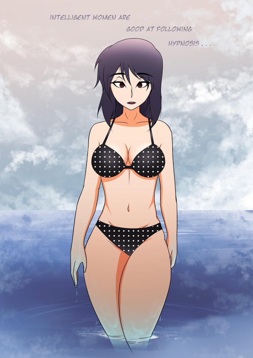 alternate_costume beach breasts cleavage consensual dialogue empty_eyes english_text female_only femsub ghost_in_the_shell large_breasts mantra motoko_kusanagi nexus_light open_mouth purple_hair red_eyes swimsuit text water