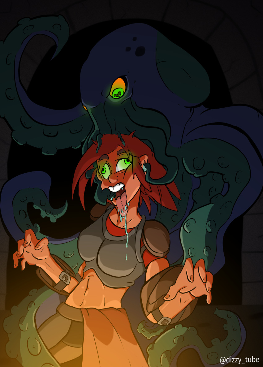 brain_injection dizzytube drool femsub glowing glowing_eyes midriff mind_break mind_flayer monster open_mouth red_hair tentacle_in_mouth tentacles tongue tongue_out unfocused_eyes