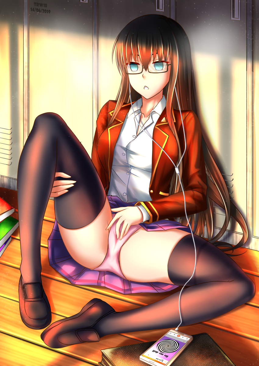 absurdres anmin_daiteitoku blue_eyes empty_eyes expressionless femsub glasses long_hair masturbation original red_hair skirt trw18