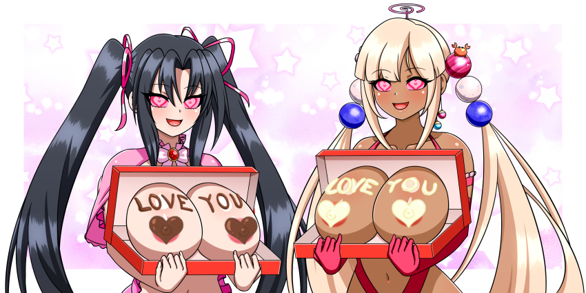 absurdres black_hair bow breasts chocolate dark_skin earrings female_only femsub hair_ribbon happy_trance heart_eyes high_school_dxd holding_breasts hololive hololive_english large_breasts looking_at_viewer navel open_mouth opera_gloves sana_tsukumo serafall_leviathan simple_background text twintails valentine's_day very_long_hair virtual_youtuber yensh