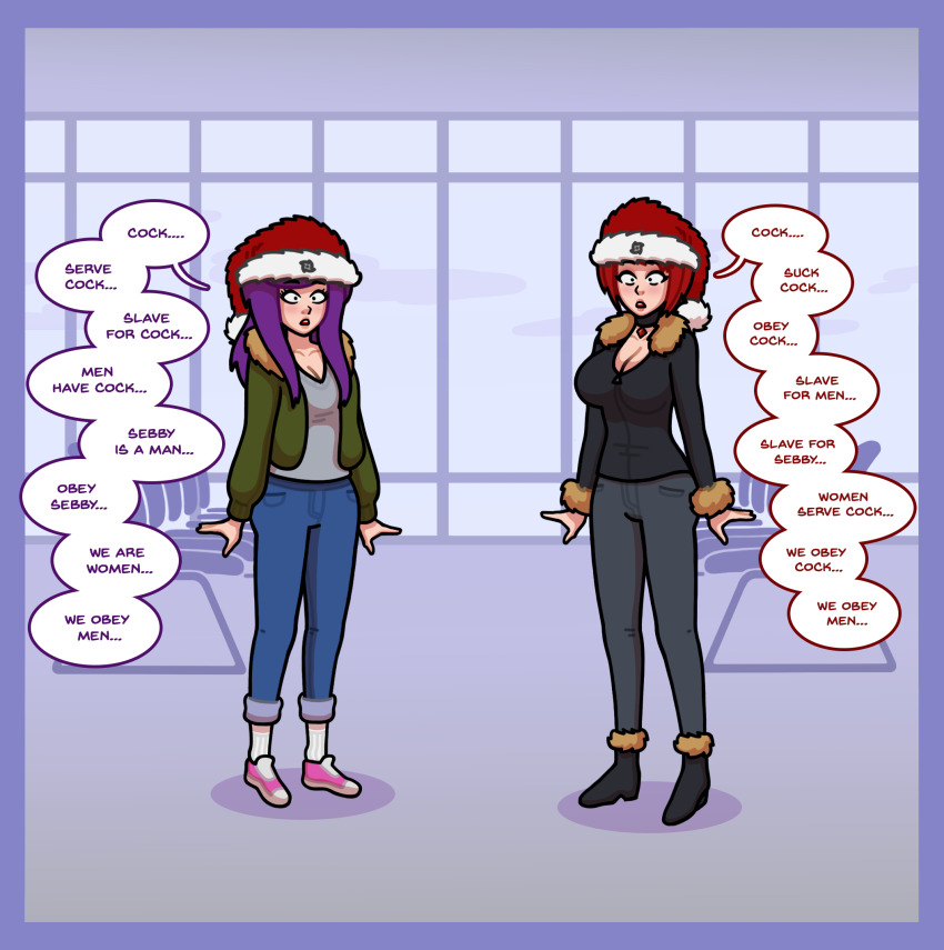 brain_drain brain_injection choker clothed dialogue expressionless femsub fur_coat jacket maledom multiple_girls original purple_hair red_hair santa_hat sequence sexism standing standing_at_attention text unlikely