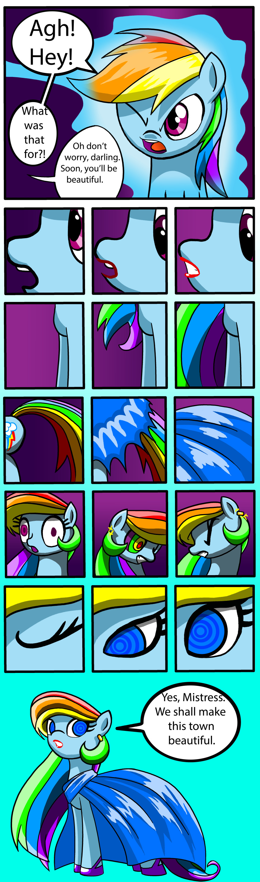 absurdres animals_only before_and_after comic dress earrings empty_eyes female_only feminization happy_trance hooves horse horse_girl hypnotic_magic kaa_eyes long_hair makeup multicolored_hair my_little_pony non-human_feet pegasus pegasus_girl rainbow_dash rainbow_hair solo text tf-circus transformation