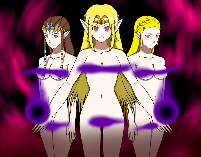 a_link_between_worlds blonde_hair breasts breath_of_the_wild censored corruption crown earrings elf_ears expressionless femsub happy_trance jewelry large_breasts multiple_girls multiple_persona nintendo princess princess_zelda red_eyes sendy1992 small_breasts the_legend_of_zelda twilight_princess