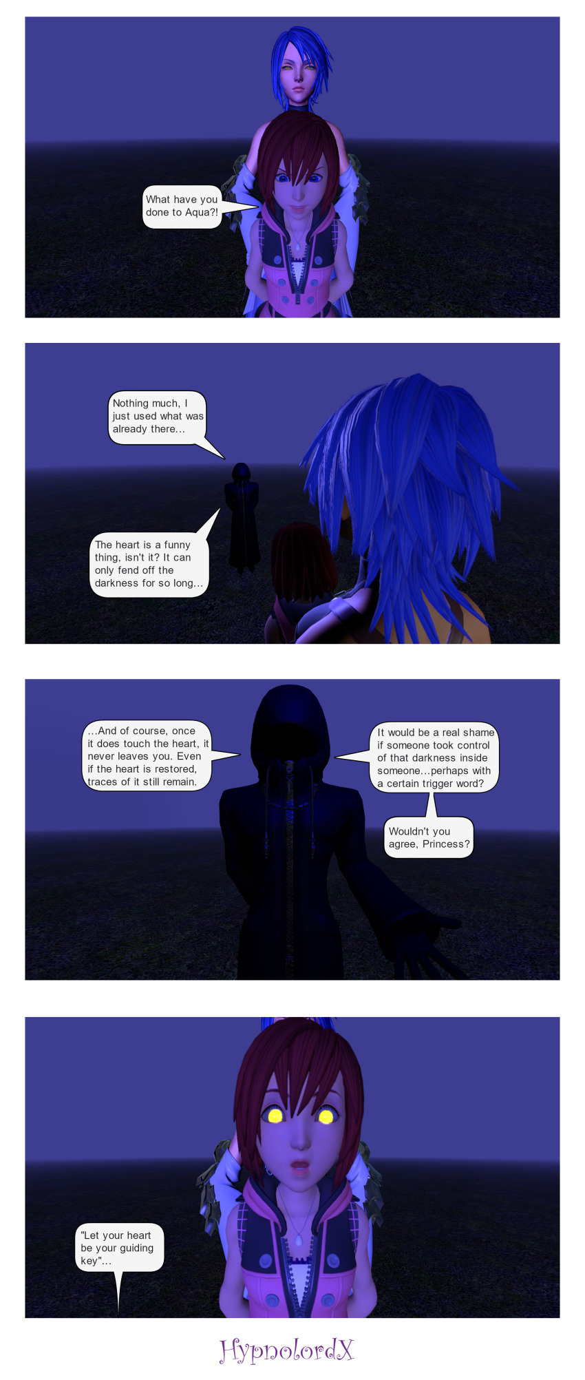 3d absurdres aqua_(kingdom_hearts) bare_shoulders blue_hair comic corruption dialogue disney femsub hypnolordx kairi kingdom_hearts luxu_(kingdom_hearts) maledom red_hair short_hair source_filmmaker standing standing_at_attention text trigger yellow_eyes