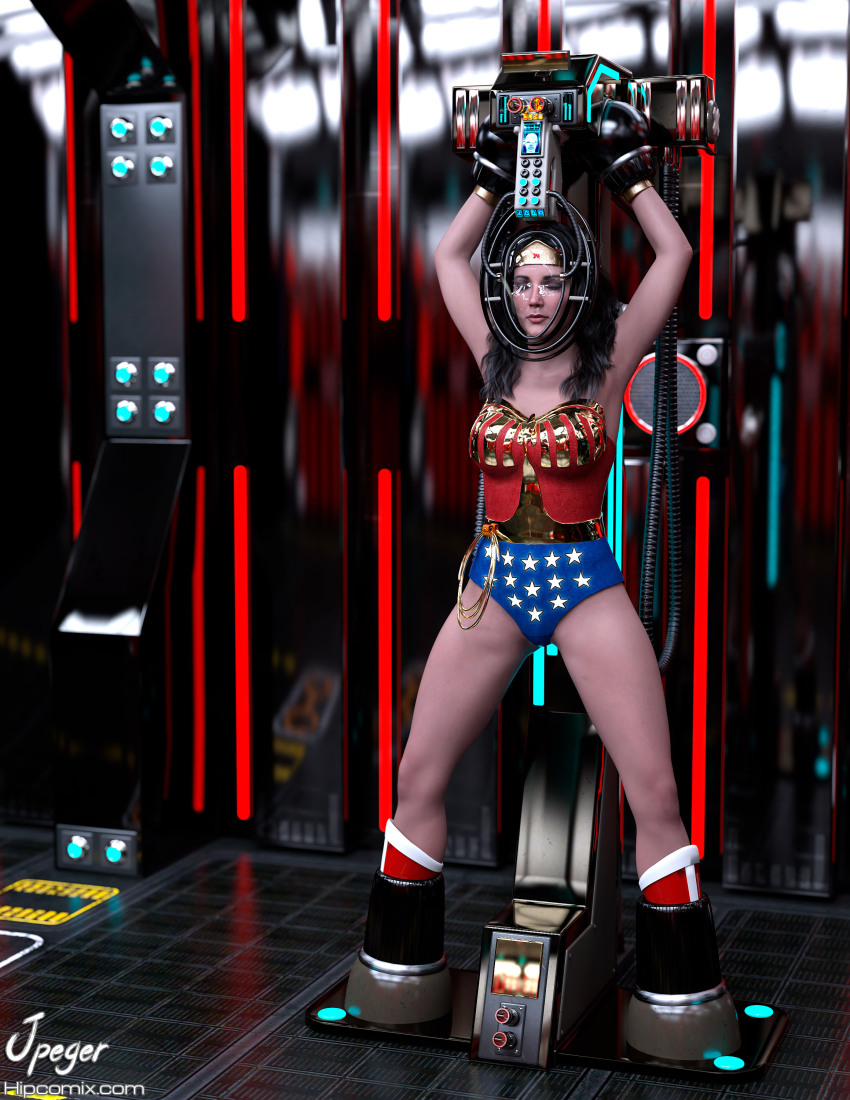 3d armpits arms_above_head black_hair boots bracers closed_eyes corruption dc_comics expressionless headband leotard long_hair makeup mask restrained signature sleeping spread_legs super_hero tech_control thejpeger wonder_woman