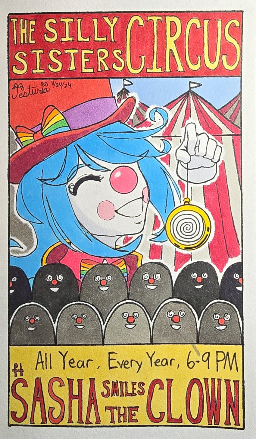 advertisement blue_hair circus clown clown_girl clownification color happy_trance jesturia original sasha_smiles smile traditional