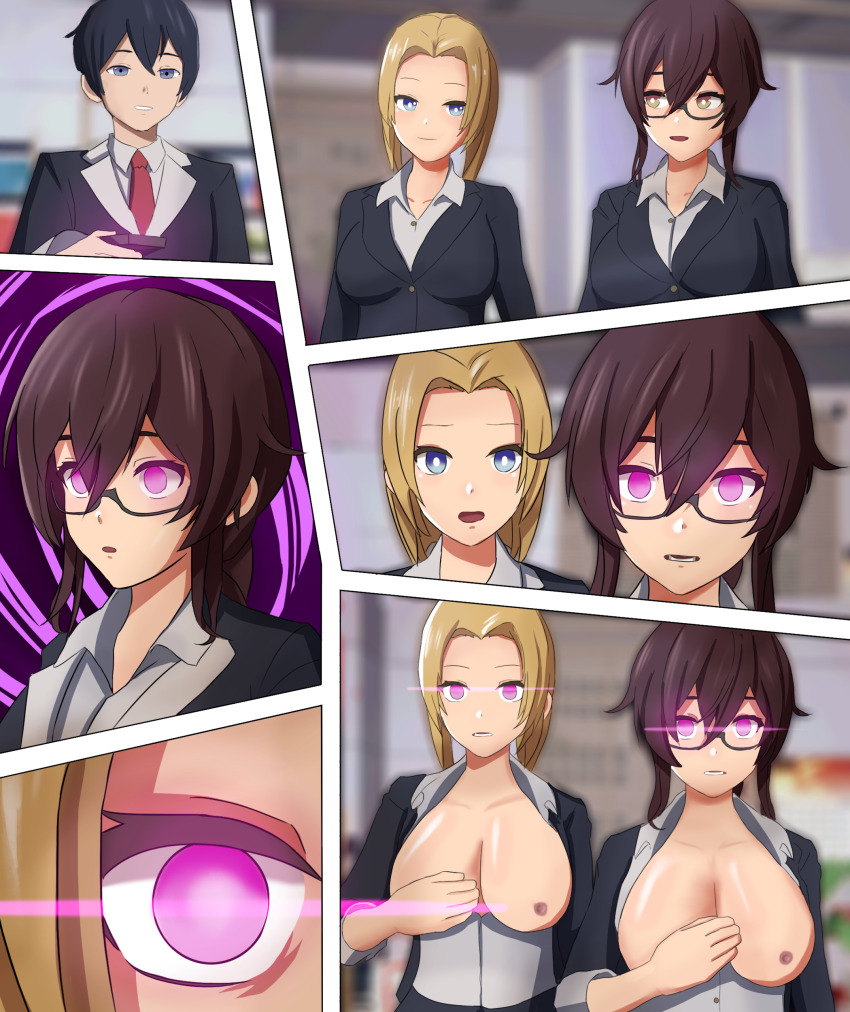 absurdres black_hair blonde_hair blue_eyes breasts breasts_outside brown_eyes brown_hair business_suit comic expressionless femsub glasses glowing_eyes maledom multiple_girls multiple_subs nipples office office_lady original pink_eyes remote_control robot_reporter robotic_trance tech_control tie undressing