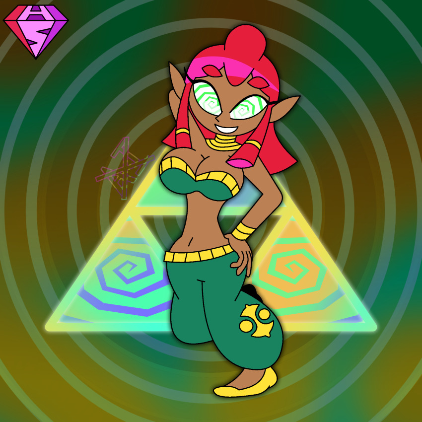 aged_up arms_above_head bare_shoulders bracelet breath_of_the_wild collar dancer dark_skin elf_ears eyebrows_visible_through_hair eyelashes femdom gerudo green_eyes hand_on_hip harem_outfit hypnoscream large_breasts looking_at_viewer makeela_riju midriff navel nintendo pants posing pov_sub red_hair ring_background shiny_hair short_hair smile spiralwash_eyes story tears_of_the_kingdom the_legend_of_zelda tied_hair