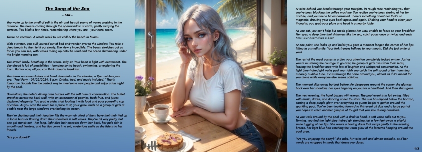 ai_art beach blue_eyes blue_hair caption dittouh_(generator) earrings femdom hypnotic_music male_pov malesub manip mermaid outdoors pov pov_sub singing siren smile story text