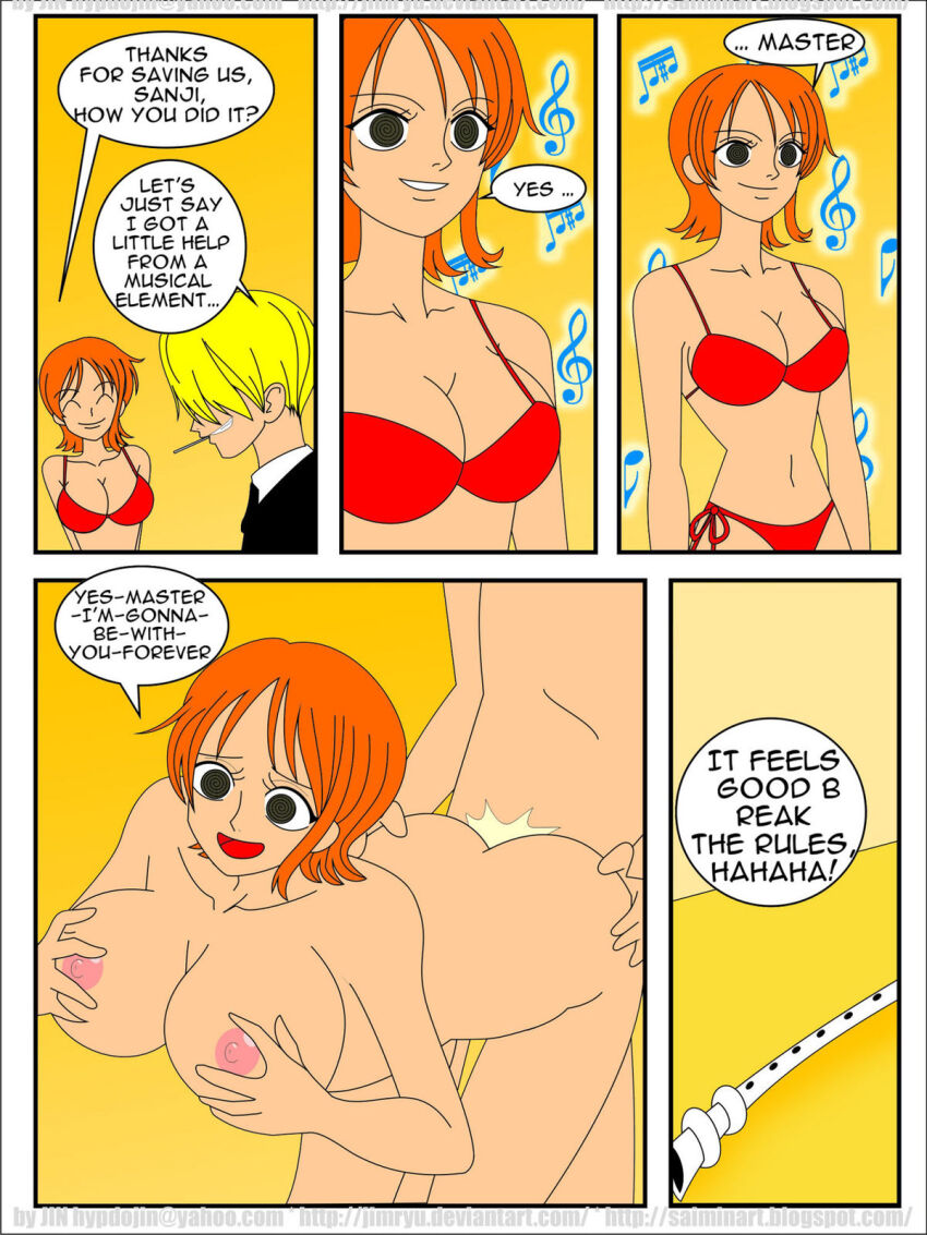 bikini blonde_hair bottomless breasts comic dialogue femsub flute happy_trance holding_breasts hypnotic_audio hypnotic_music instrument jimryu large_breasts maledom nami_(one_piece) navel nude one_piece red_hair sanji sex short_hair spiral_eyes standing standing_at_attention swimsuit symbol_in_eyes text topless