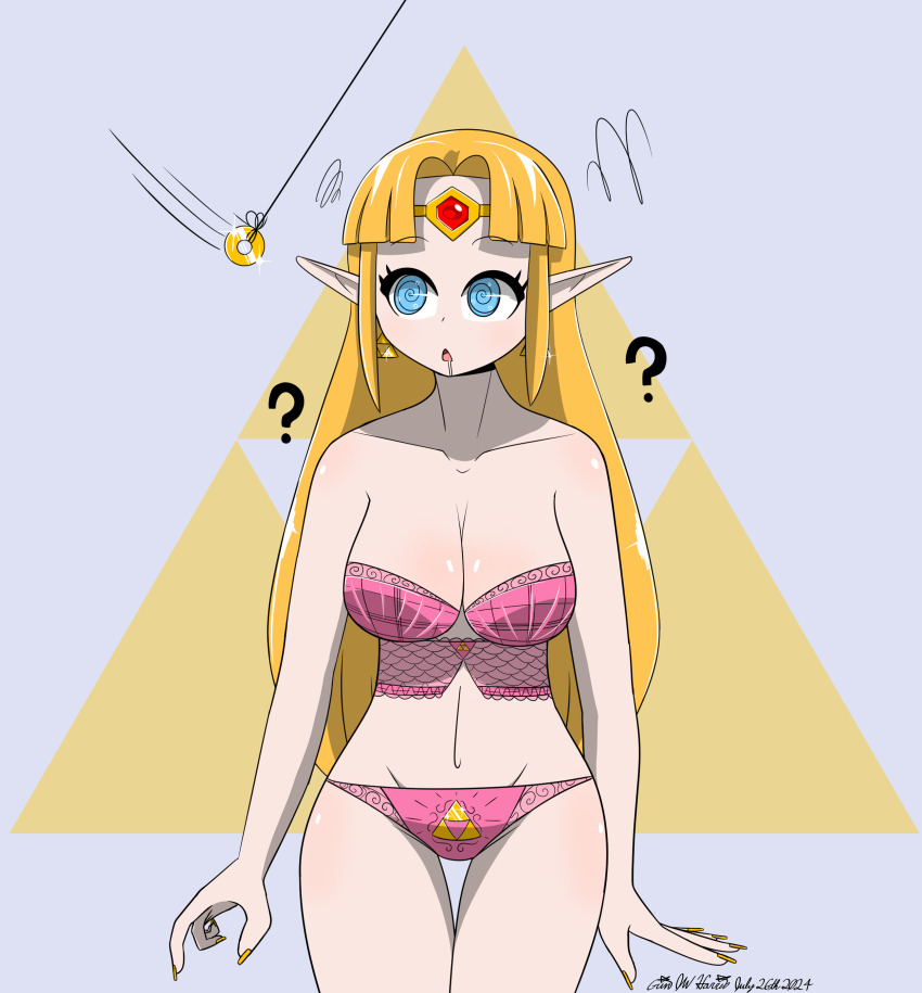 a_link_between_worlds absurdres bangs bare_shoulders blonde_hair blue_eyes bra breasts circlet cleavage coin confused crown drool earrings elf_ears expressionless eyebrows_visible_through_hair female_only femsub jewelry large_breasts large_hips leaning_forward lingerie long_hair nail_polish navel nintendo open_mouth pale_skin panties pendulum princess_zelda signature simple_background sobergin solo spiral_eyes standing surprised text the_legend_of_zelda thick_thighs thigh_gap thighs