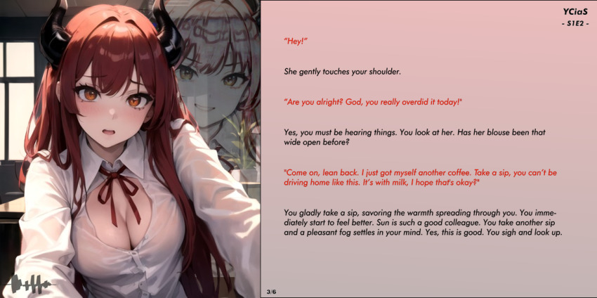 ai_art caption caption_only demon demon_girl dittouh_(generator) femdom horns hypnotic_breasts hypnotic_pussy malesub office office_lady red_hair story succubus text