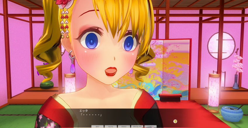 3d blonde_hair blue_eyes blush breasts curly_hair dialogue female_only japanese_clothing kamen_writer_mc kimono large_breasts lipstick mc_trap_town open_mouth red_lipstick screenshot solo text translated trigger