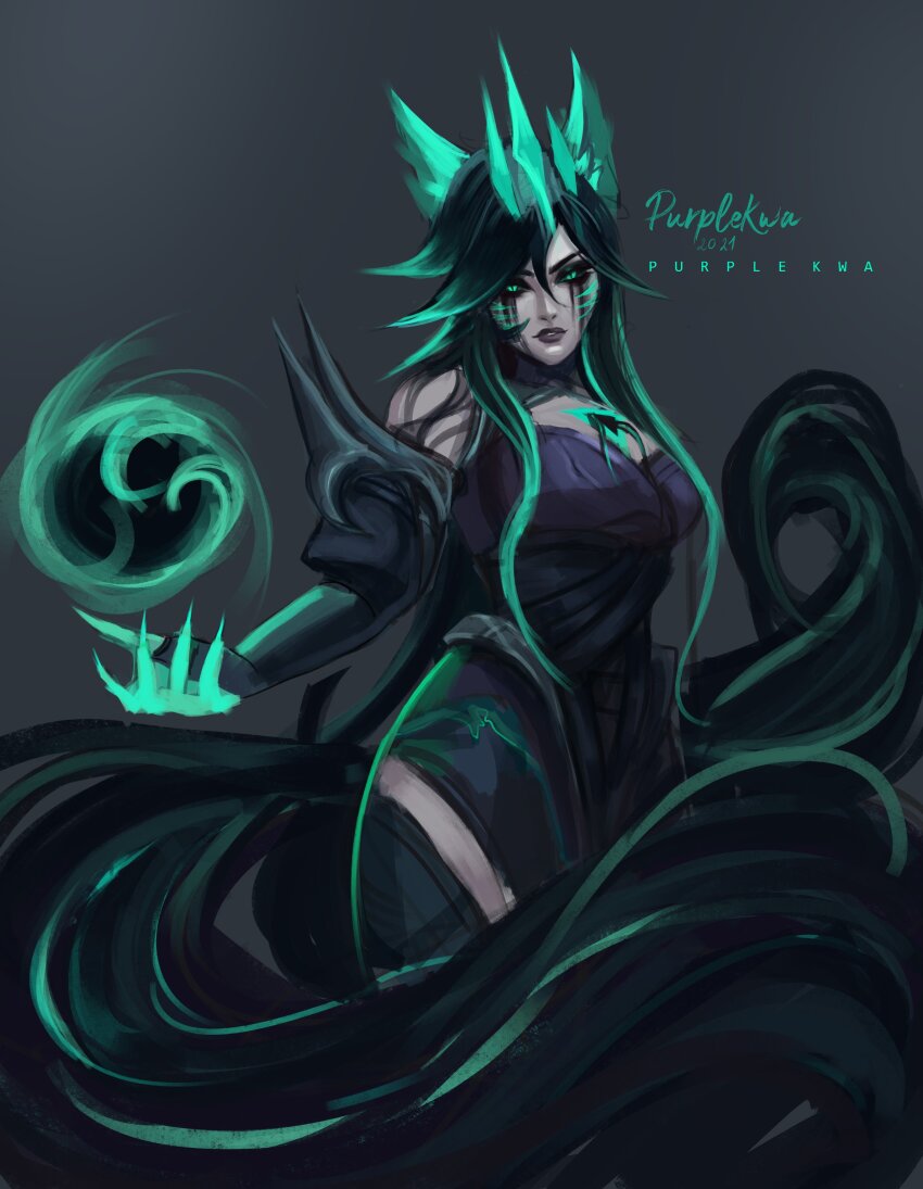 absurdres ahri alternate_costume alternate_hair_color animal_ears aura black_background black_hair body_markings breasts corruption crown female_only femsub floating fox_girl glowing glowing_eyes green_eyes green_hair happy_trance jewelry kitsune_girl league_of_legends long_hair looking_at_viewer magic multicolored_hair orb purplekwa ruination runny_makeup slit_pupils tail thighhighs