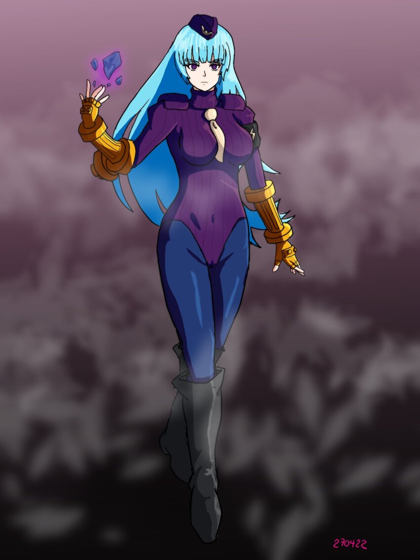 arm_bands blue_hair bodysuit bracers breasts cameltoe corruption empty_eyes female_only hat king_of_fighters knee-high_boots kula_diamond leotard long_hair pantyhose purple_eyes shadaloo_dolls shoulder_pads solo street_fighter tie victoriamikoto