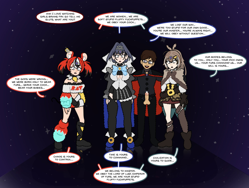 blue_hair brain_drain clothed dialogue femsub fur_coat hakos_baelz hololive hololive_english kronii_ouro maledom microchip multiple_girls mumei_nanashi red_hair sexism unlikely virtual_youtuber